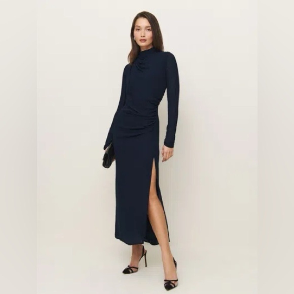 Reformation Tilda Long Sleeve Ruched Midi Dress in Navy Blue Size 0